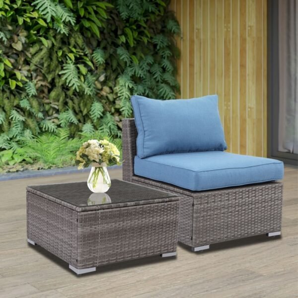 2 Pieces Patio Armless Blue Brown Single Rattan Wicker Sofa Couches Furniture With End Side Table Outdoor - Image 6