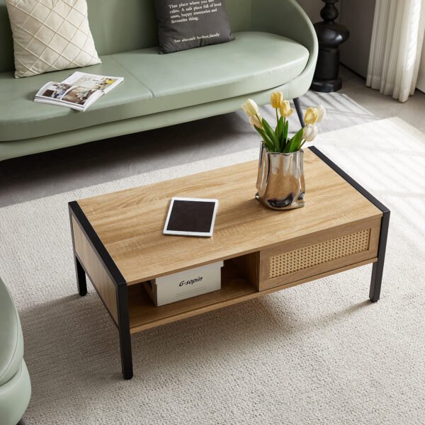 40.16" Rattan Coffee table, sliding door for storage, metal legs, Modern table for living room , natural - Image 2
