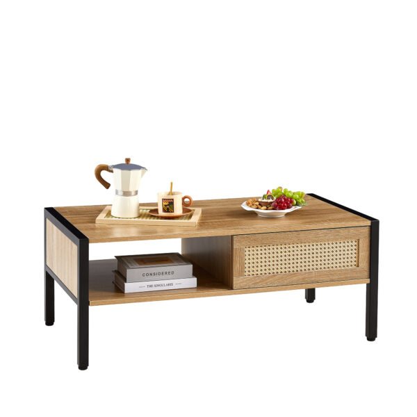 40.16" Rattan Coffee table, sliding door for storage, metal legs, Modern table for living room , natural - Image 3
