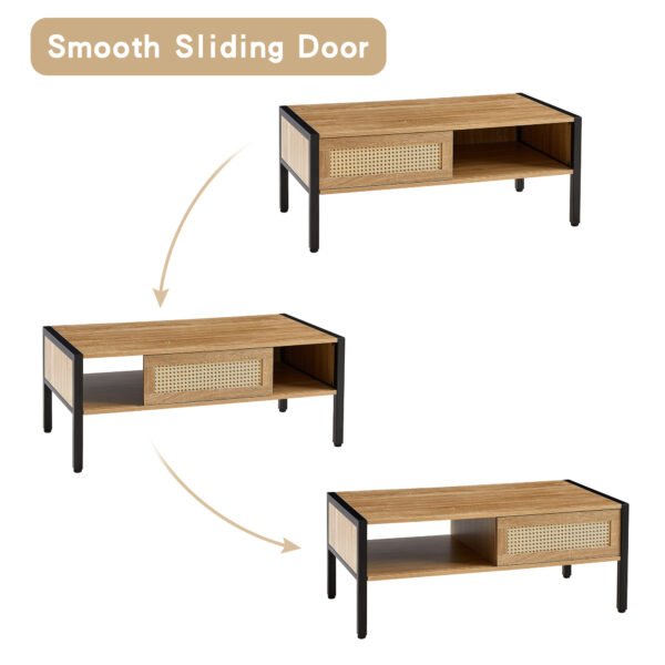 40.16" Rattan Coffee table, sliding door for storage, metal legs, Modern table for living room , natural - Image 7