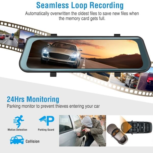 FHD 1080P Car DVR Dash Camera 9.66In Vehicle Driving Recorder w/ G Sensor Parking Monitoring Seamless Recording - Image 6