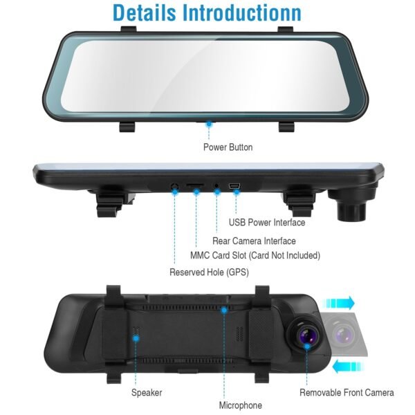 FHD 1080P Car DVR Dash Camera 9.66In Vehicle Driving Recorder w/ G Sensor Parking Monitoring Seamless Recording - Image 7
