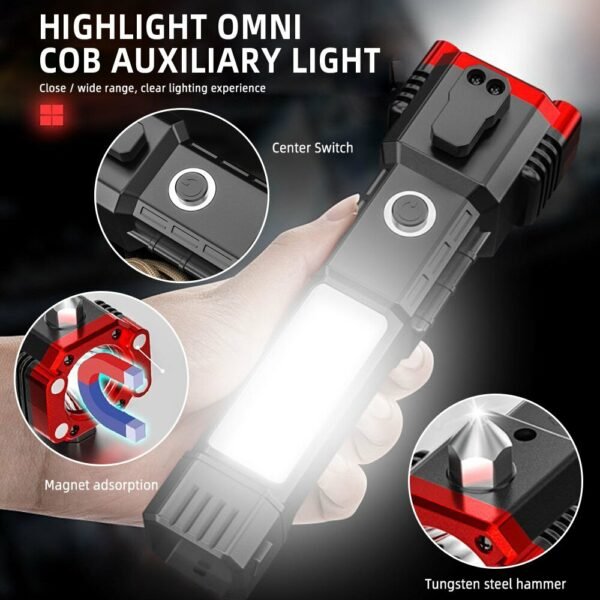 USB Charging Super Bright LED Flashlight with Safety Hammer Side Light Torch Light Portable Lantern Outdoor Adventure Lighting - Image 2