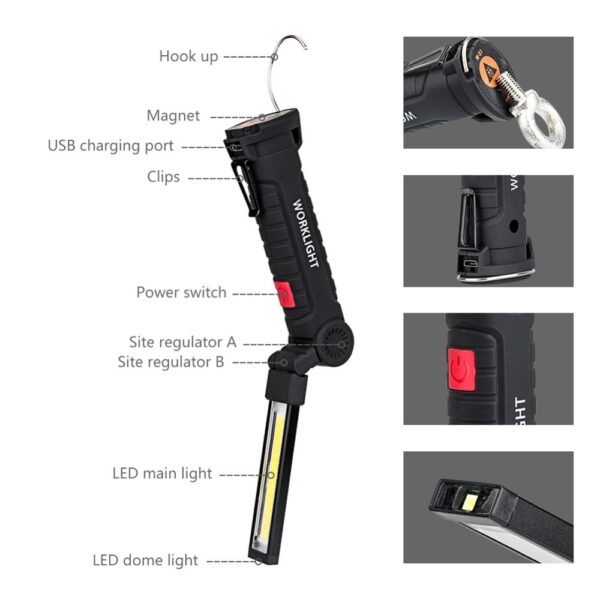 Sanyi Magnetic LED Flashlight USB Rechargeable Work Inspection Light 5 Modes Torch COB Lanterna Hanging Hook Lamp With USB Cable - Image 3
