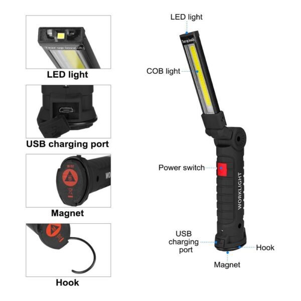 Sanyi Magnetic LED Flashlight USB Rechargeable Work Inspection Light 5 Modes Torch COB Lanterna Hanging Hook Lamp With USB Cable - Image 6