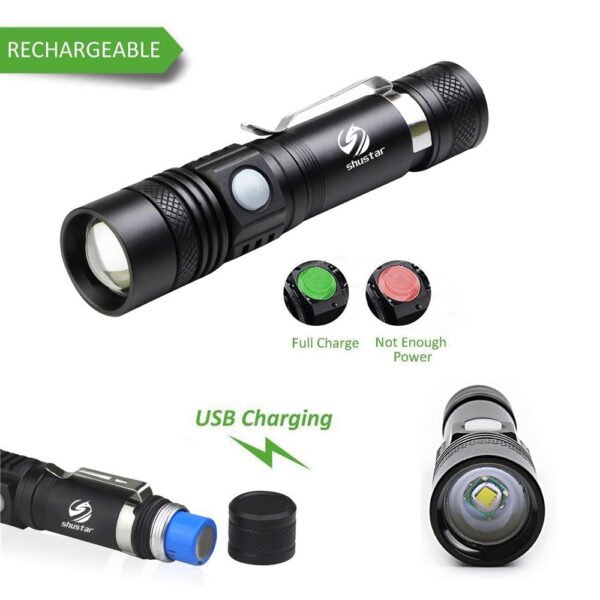Ultra Bright LED Flashlight With T6 LED lamp beads Waterproof Torch Zoomable 4 lighting modes Multi-function USB charging - Image 9