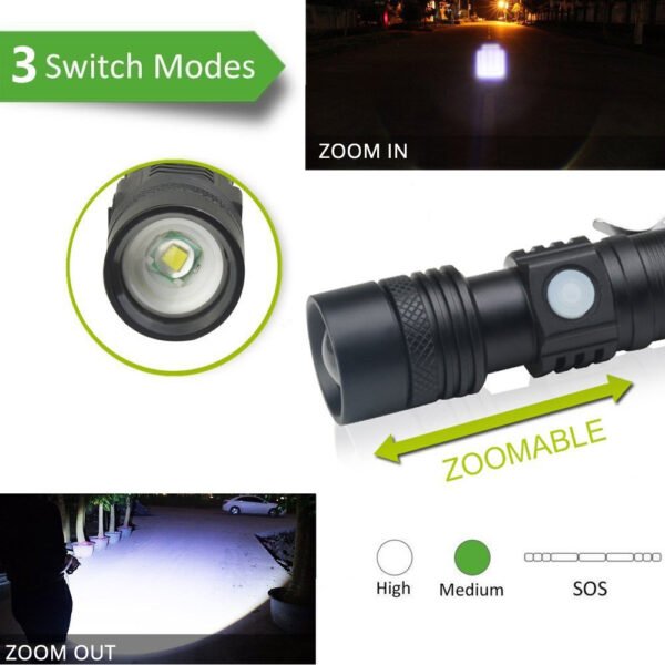 Ultra Bright LED Flashlight With T6 LED lamp beads Waterproof Torch Zoomable 4 lighting modes Multi-function USB charging - Image 11