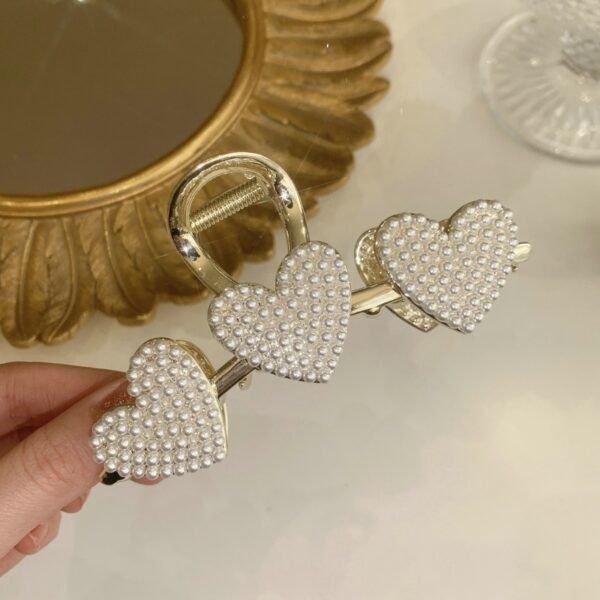 Shimmer Rhinestone Pearls Metal Hairpin Three Hearts Grab Hair Claw Girls Big Hair Clip Shark Clip Headdress Hair Accessories - Image 8