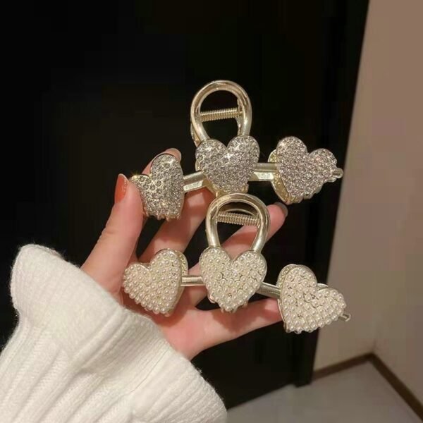 Shimmer Rhinestone Pearls Metal Hairpin Three Hearts Grab Hair Claw Girls Big Hair Clip Shark Clip Headdress Hair Accessories - Image 2