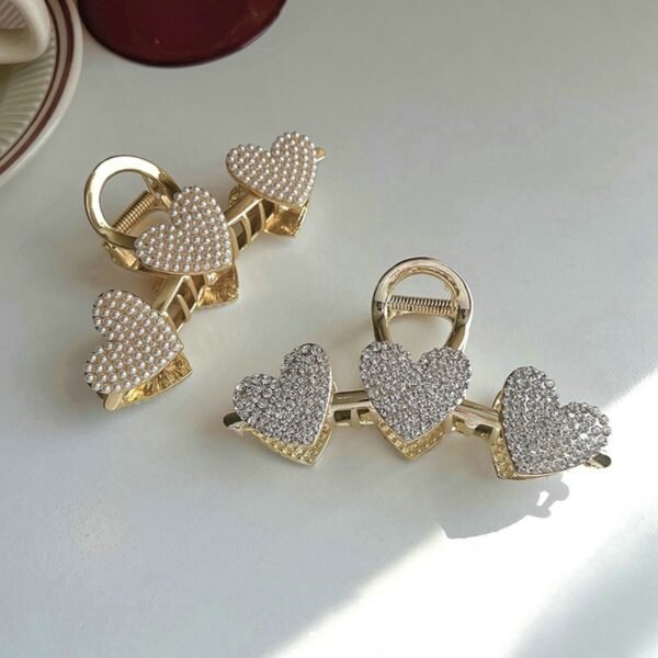 Shimmer Rhinestone Pearls Metal Hairpin Three Hearts Grab Hair Claw Girls Big Hair Clip Shark Clip Headdress Hair Accessories - Image 3