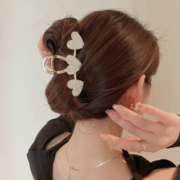 Shimmer Rhinestone Pearls Metal Hairpin Three Hearts Grab Hair Claw Girls Big Hair Clip Shark Clip Headdress Hair Accessories - Image 5