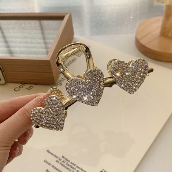 Shimmer Rhinestone Pearls Metal Hairpin Three Hearts Grab Hair Claw Girls Big Hair Clip Shark Clip Headdress Hair Accessories