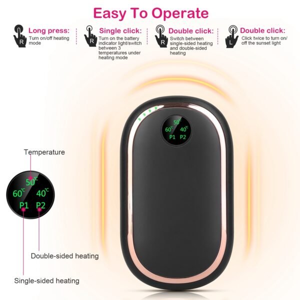 Rechargeable Hand Warmer Electric Hand Heater Portable Reusable Pocket Warmer Power Bank with Digital Display Sunset Light 3 Levels Double-sided Heating - Image 6