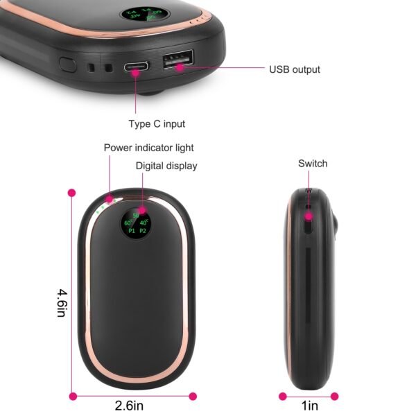 Rechargeable Hand Warmer Electric Hand Heater Portable Reusable Pocket Warmer Power Bank with Digital Display Sunset Light 3 Levels Double-sided Heating - Image 7