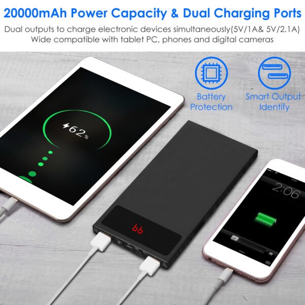 20000mAh Power Bank Ultra Thin External Battery Pack Phone Charger Dual USB Ports Flashlight Battery Remain Display - Image 2