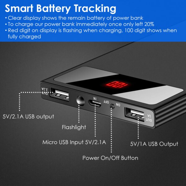 20000mAh Power Bank Ultra Thin External Battery Pack Phone Charger Dual USB Ports Flashlight Battery Remain Display - Image 4
