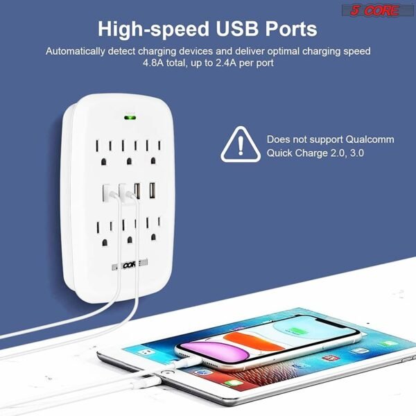 6 Outlet Wall Plug Extender with 4 USB Ports (4.8A Total); Multi Plug Outlet Adapter Wall Surge Protector 15A Electrical Outlet Expander with USB Ports 5 Core WMS 6S 4USB - Image 3
