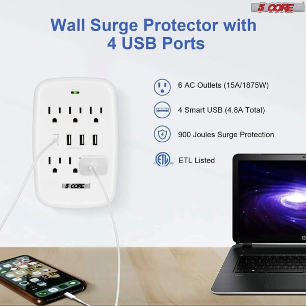 6 Outlet Wall Plug Extender with 4 USB Ports (4.8A Total); Multi Plug Outlet Adapter Wall Surge Protector 15A Electrical Outlet Expander with USB Ports 5 Core WMS 6S 4USB - Image 4
