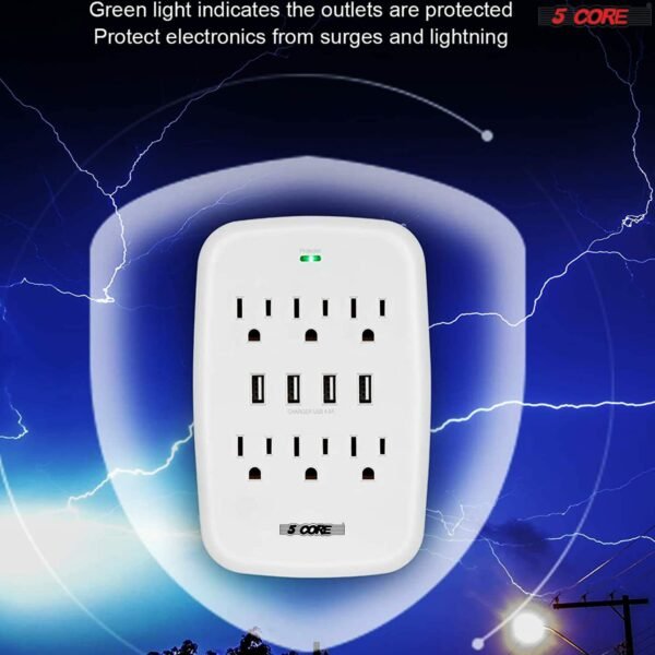6 Outlet Wall Plug Extender with 4 USB Ports (4.8A Total); Multi Plug Outlet Adapter Wall Surge Protector 15A Electrical Outlet Expander with USB Ports 5 Core WMS 6S 4USB - Image 8