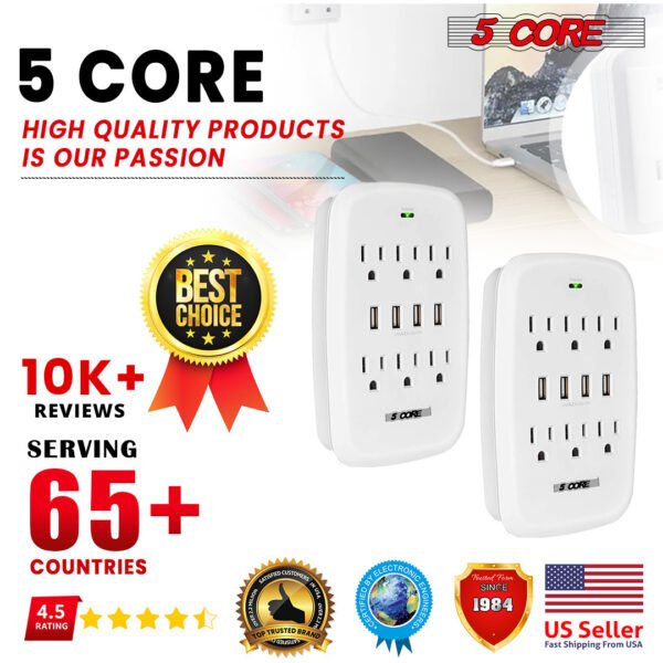 6 Outlet Wall Plug Extender with 4 USB Ports (4.8A Total); Multi Plug Outlet Adapter Wall Surge Protector 15A Electrical Outlet Expander with USB Ports 5 Core WMS 6S 4USB - Image 9