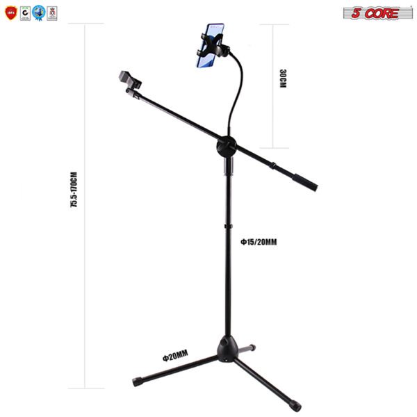 5 Core Mic Stand with Tablet and Phone Holder ®C Adjustable Gooseneck Microphone Stand; Collapsible Tripod Boom Mic Stand With Mic Clip Holder & Phone Clamp for Singing; Karaoke; Studio; Parties - Image 2