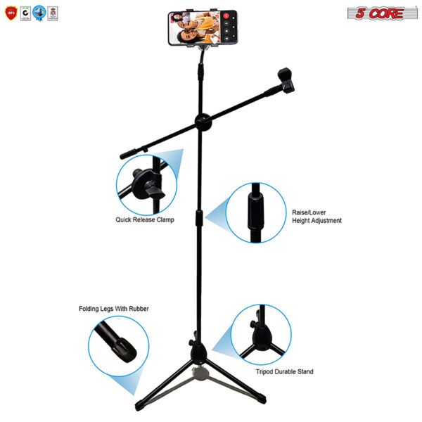 5 Core Mic Stand with Tablet and Phone Holder ®C Adjustable Gooseneck Microphone Stand; Collapsible Tripod Boom Mic Stand With Mic Clip Holder & Phone Clamp for Singing; Karaoke; Studio; Parties - Image 8