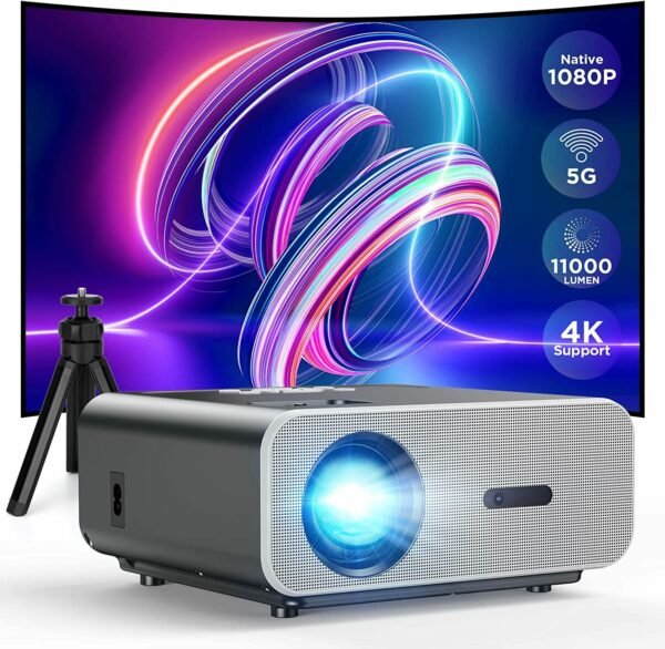 Projector with 5G WiFi and Bluetooth, VACASSO Native 1080P Portable Projector 4K Supported with Tripod, 11000L Movie Home Projector Compatible with HDMI/TV Stick/iOS/Android/PS5