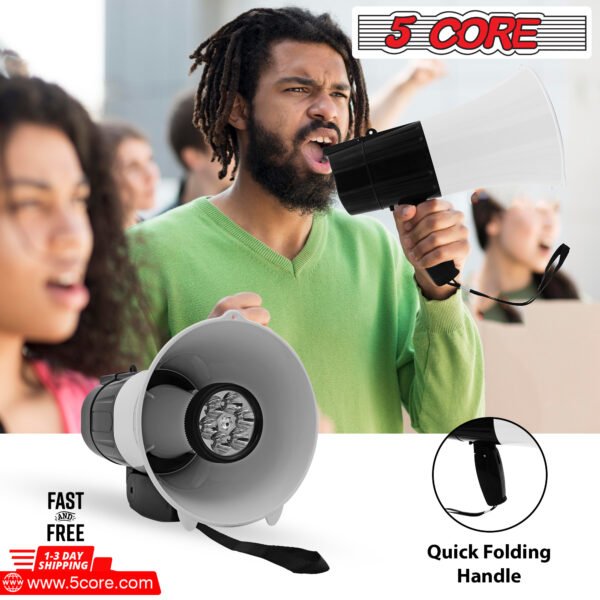 5Core Megaphone Handheld with LED lights Bullhorn Cheer Loudspeaker Bull Horn Speaker Megaphono Siren Torch Flashlight Sling Strap Portable 148 LED - Image 11