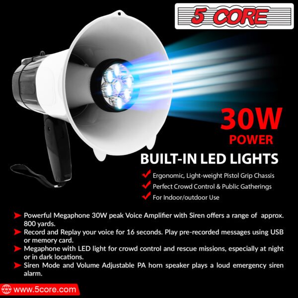 5Core Megaphone Handheld with LED lights Bullhorn Cheer Loudspeaker Bull Horn Speaker Megaphono Siren Torch Flashlight Sling Strap Portable 148 LED - Image 16