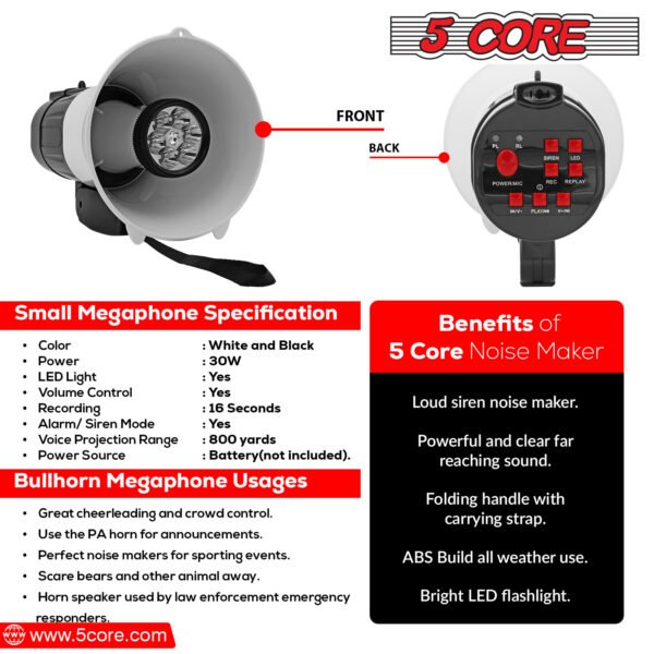 5Core Megaphone Handheld with LED lights Bullhorn Cheer Loudspeaker Bull Horn Speaker Megaphono Siren Torch Flashlight Sling Strap Portable 148 LED - Image 8