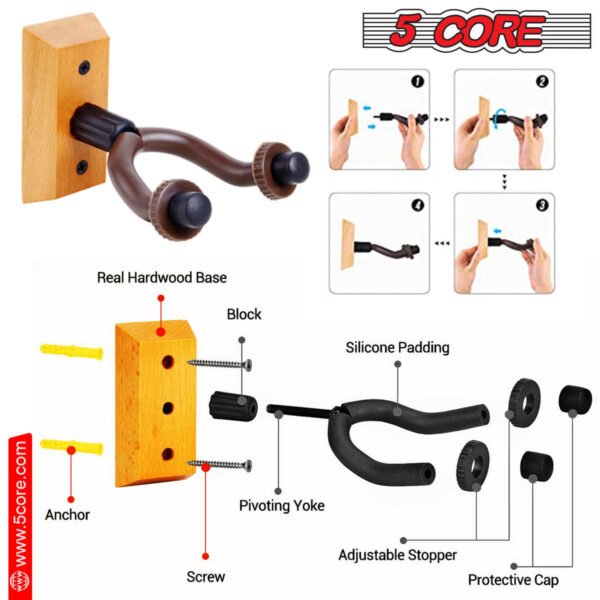 5 Core Guitar Hanger Holder - Electric Acoustic & Bass Guitars for Home Studio Musical Instruments - Wall Mount with Accessories (Wooden 2 Pieces) - GH WD 2PCS - Image 11