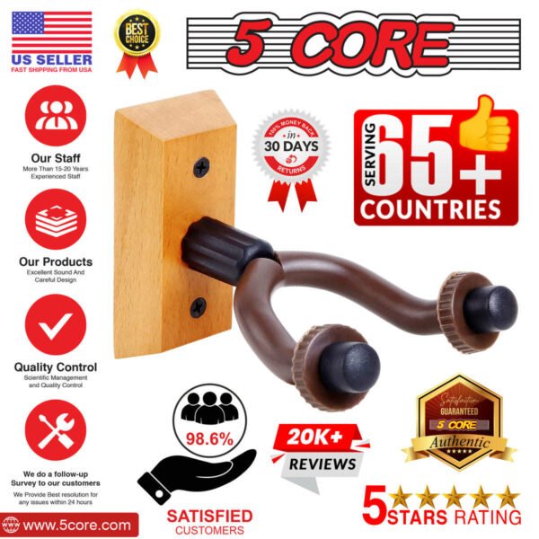 5 Core Guitar Hanger Holder - Electric Acoustic & Bass Guitars for Home Studio Musical Instruments - Wall Mount with Accessories (Wooden 2 Pieces) - GH WD 2PCS - Image 14