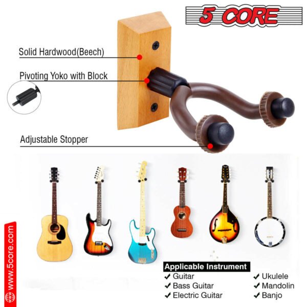5 Core Guitar Hanger Holder - Electric Acoustic & Bass Guitars for Home Studio Musical Instruments - Wall Mount with Accessories (Wooden 2 Pieces) - GH WD 2PCS - Image 5