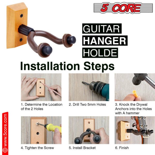 5 Core Guitar Hanger Holder - Electric Acoustic & Bass Guitars for Home Studio Musical Instruments - Wall Mount with Accessories (Wooden 2 Pieces) - GH WD 2PCS - Image 6