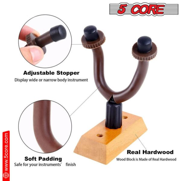 5 Core Guitar Hanger Holder - Electric Acoustic & Bass Guitars for Home Studio Musical Instruments - Wall Mount with Accessories (Wooden 2 Pieces) - GH WD 2PCS - Image 7
