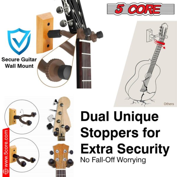 5 Core Guitar Hanger Holder - Electric Acoustic & Bass Guitars for Home Studio Musical Instruments - Wall Mount with Accessories (Wooden 2 Pieces) - GH WD 2PCS - Image 8