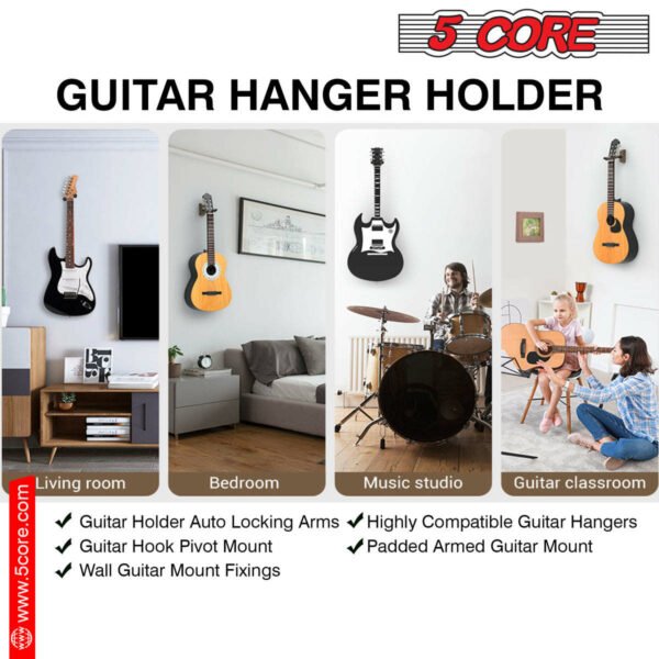 5 Core Guitar Hanger Holder - Electric Acoustic & Bass Guitars for Home Studio Musical Instruments - Wall Mount with Accessories (Wooden 2 Pieces) - GH WD 2PCS - Image 10