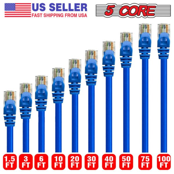 5 Core Ethernet Cable 15 Feet Cat 6 Cord Premium RJ45 Internet Cable Cat6 Compatible w Cat 5 Cat 7 Cat 5e Network Cable - ET 15FT BLU - Image 3