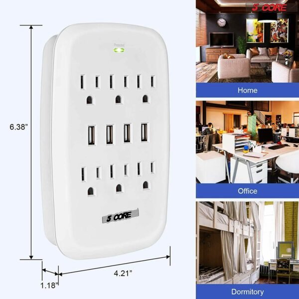 6 Outlet Wall Plug Extender with 4 USB Ports (4.8A Total); Multi Plug Outlet Adapter Wall Surge Protector 15A Electrical Outlet Expander with USB Ports 5 Core WMS 6S 4USB - Image 13