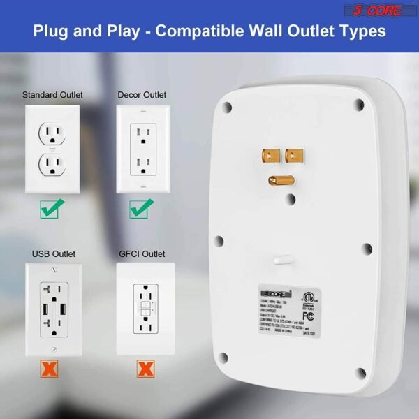 6 Outlet Wall Plug Extender with 4 USB Ports (4.8A Total); Multi Plug Outlet Adapter Wall Surge Protector 15A Electrical Outlet Expander with USB Ports 5 Core WMS 6S 4USB - Image 16