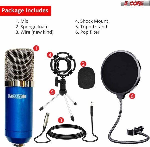 XLR Microphone Condenser Mic for Computer Gaming; Podcast Tripod Stand Kit for Streaming; Recording; Vocals; Voice; Cardioids Studio Microphone 5 Core RM 7 BLU - Image 5