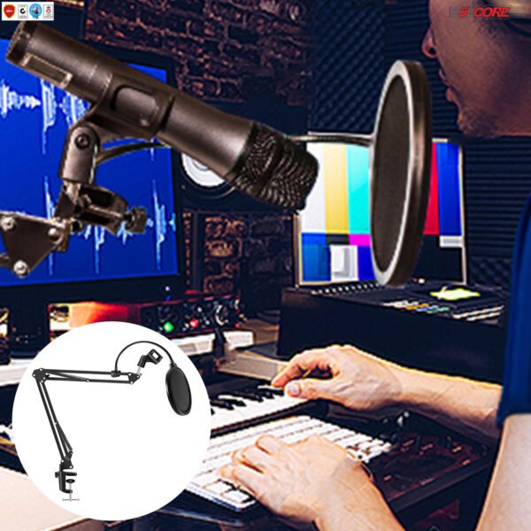 Professional Microphone Stand with Pop Filter Heavy Duty Microphone Suspension Scissor Arm Stand and Windscreen Mask Shield 5 Core RM STND 2 (with Pop Filter) - Image 10