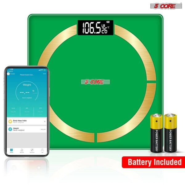 5 Core Smart Digital Bathroom Weighing Scale with Body Fat and Water Weight for People; Bluetooth BMI Electronic Body Analyzer Machine; 400 lbs. Green; BBS 03 B SG - Image 2