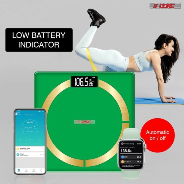 5 Core Smart Digital Bathroom Weighing Scale with Body Fat and Water Weight for People; Bluetooth BMI Electronic Body Analyzer Machine; 400 lbs. Green; BBS 03 B SG - Image 11