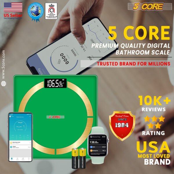 5 Core Smart Digital Bathroom Weighing Scale with Body Fat and Water Weight for People; Bluetooth BMI Electronic Body Analyzer Machine; 400 lbs. Green; BBS 03 B SG - Image 13