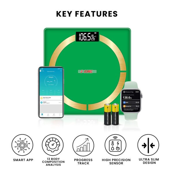 5 Core Smart Digital Bathroom Weighing Scale with Body Fat and Water Weight for People; Bluetooth BMI Electronic Body Analyzer Machine; 400 lbs. Green; BBS 03 B SG - Image 4