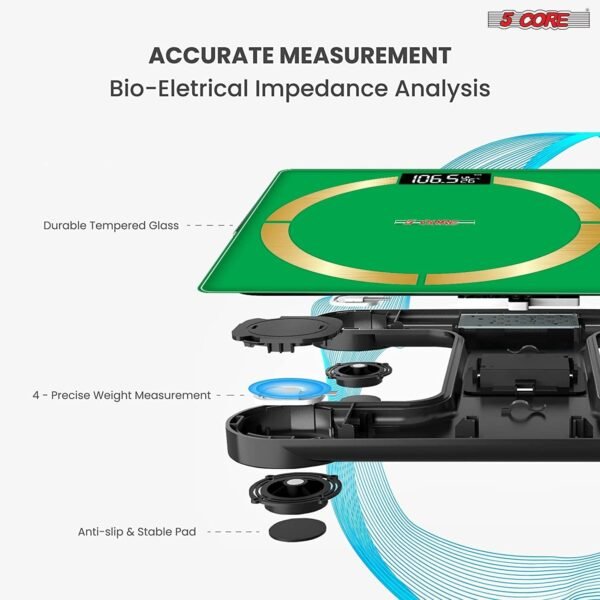 5 Core Smart Digital Bathroom Weighing Scale with Body Fat and Water Weight for People; Bluetooth BMI Electronic Body Analyzer Machine; 400 lbs. Green; BBS 03 B SG - Image 5