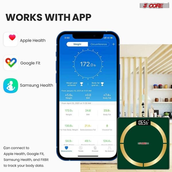 5 Core Smart Digital Bathroom Weighing Scale with Body Fat and Water Weight for People; Bluetooth BMI Electronic Body Analyzer Machine; 400 lbs. Green; BBS 03 B SG - Image 7