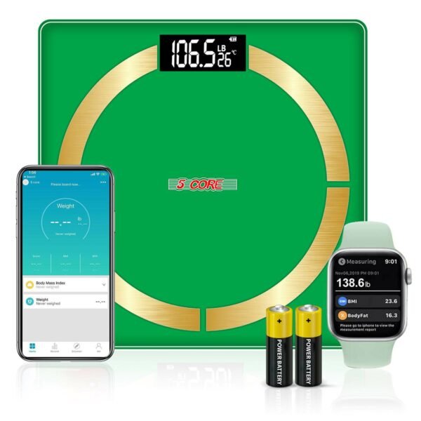 5 Core Smart Digital Bathroom Weighing Scale with Body Fat and Water Weight for People; Bluetooth BMI Electronic Body Analyzer Machine; 400 lbs. Green; BBS 03 B SG