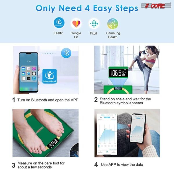5 Core Smart Digital Bathroom Weighing Scale with Body Fat and Water Weight for People; Bluetooth BMI Electronic Body Analyzer Machine; 400 lbs. Green; BBS 03 B SG - Image 8